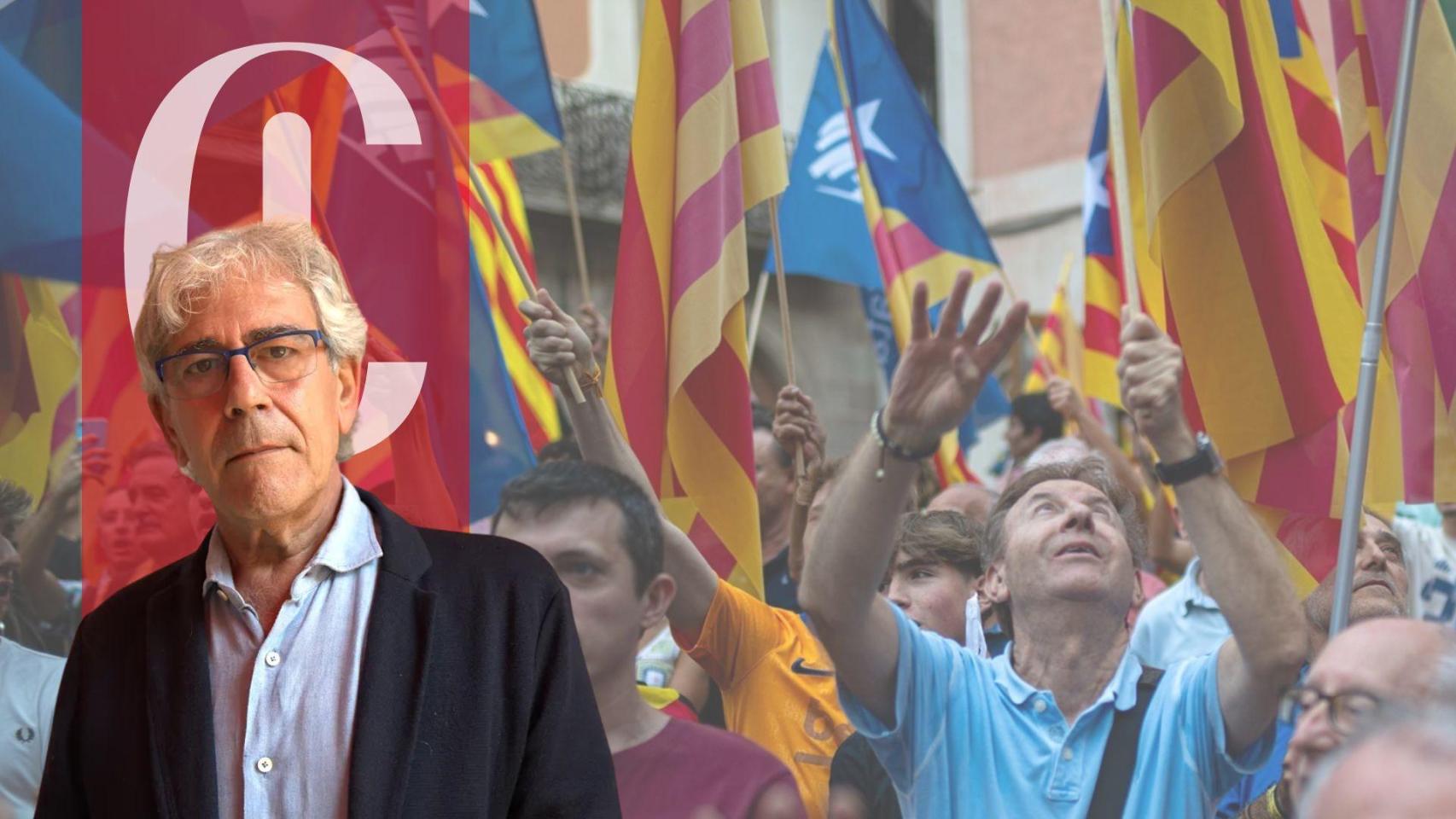 Fotomontaje de decenas de personas en una manifestación independentista con motivo de la Diada 2025