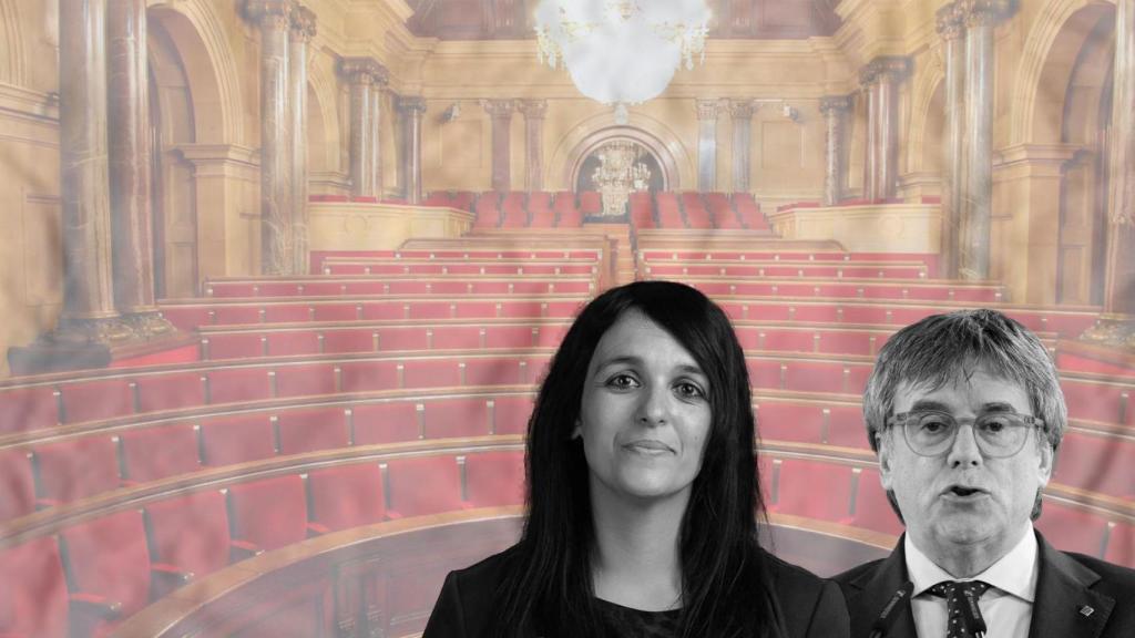 Fotomontaje de Sílvia Orriols y Carles Puigdemont, con el Parlament de fondo