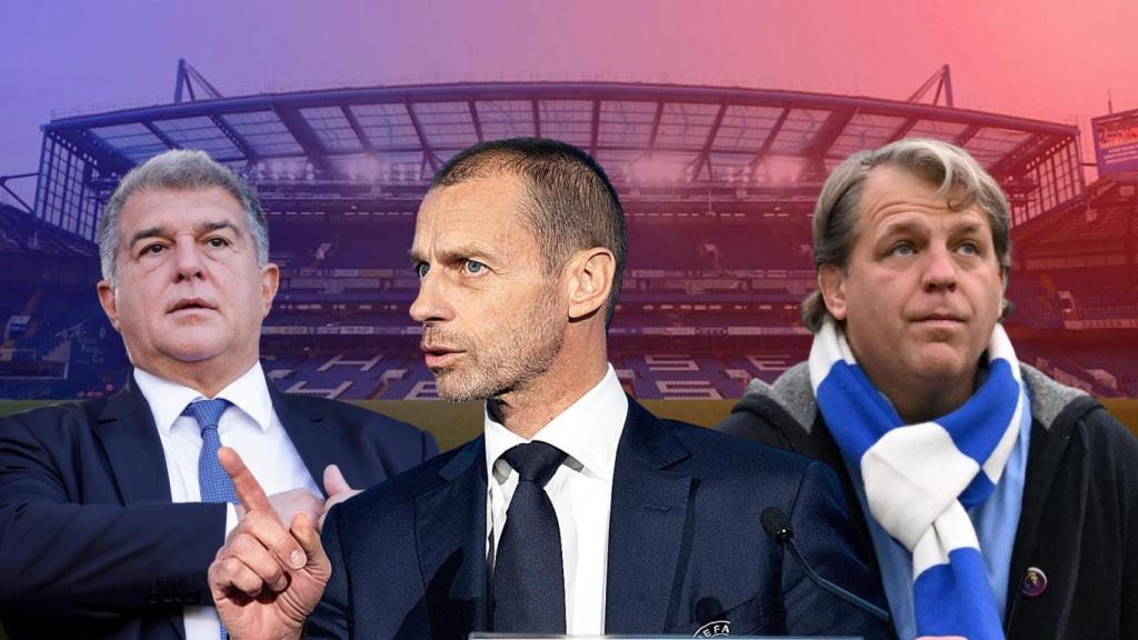 Joan Laporta, Aleksander Ceferin y Todd Boehly, en un fotomontaje con Stamford Bridge de fondo