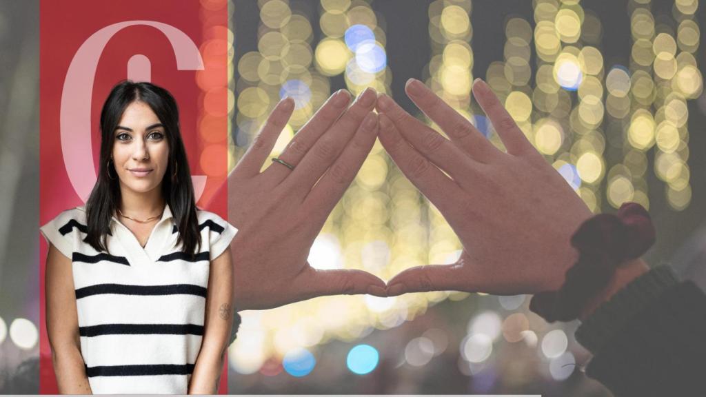 Montaje con unas manos forman un triángulo (símbolo feminista), durante una manifestación por el 25N