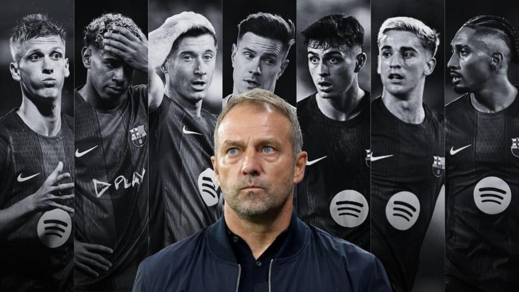 Hansi Flick con Dani Olmo, Lamine Yamal, Robert Lewandowski, Ter Stegen, Pedri, Raphinha y Gavi en un montaje