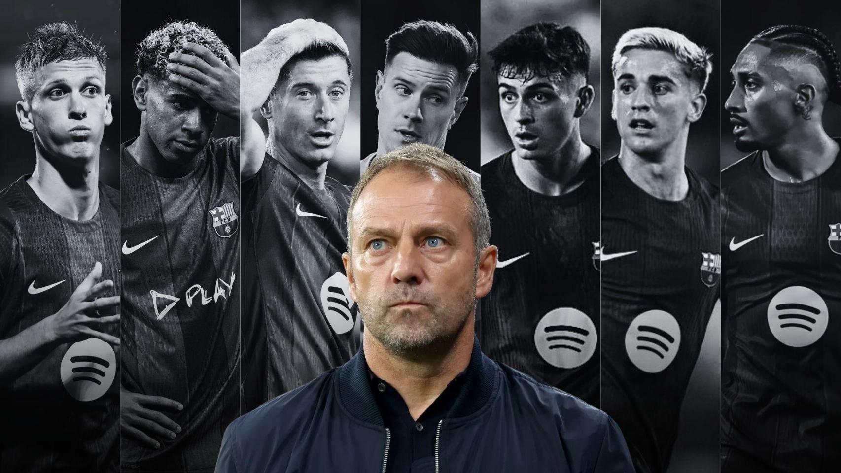 Hansi Flick con Dani Olmo, Lamine Yamal, Robert Lewandowski, Ter Stegen, Pedri, Raphinha y Gavi en un montaje