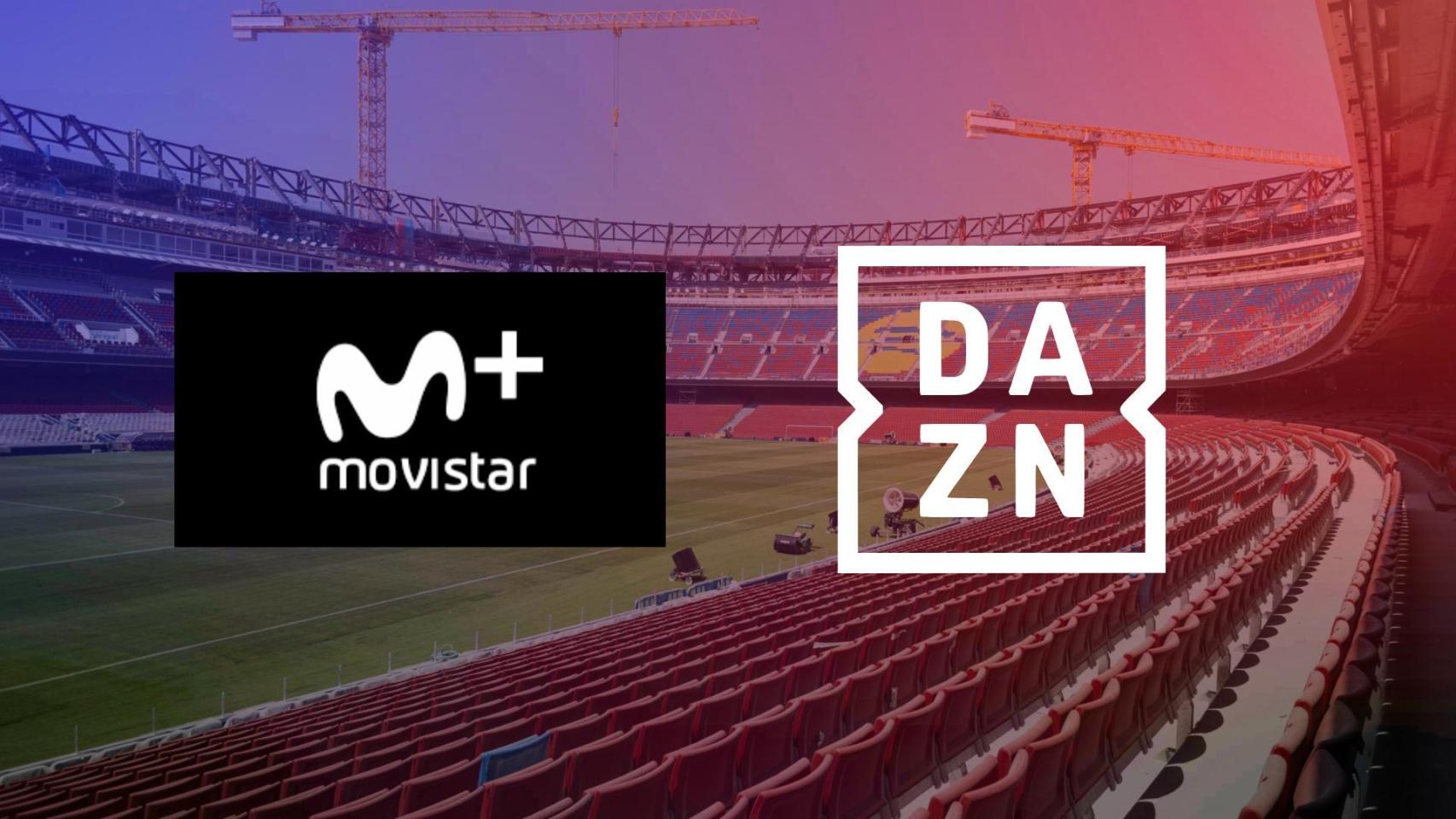 El Camp Nou, en un fotomontaje con los logotipos de Movistar Plus y DAZN