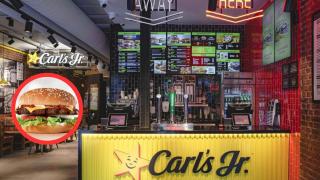 Un montaje de un restaurante de Carl's Jr con una hamburguesa