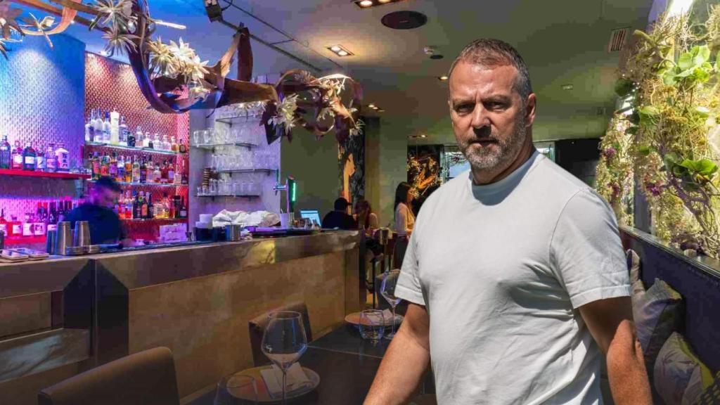 Hansi Flick con el restaurante Ikibana de fondo en un fotomontaje