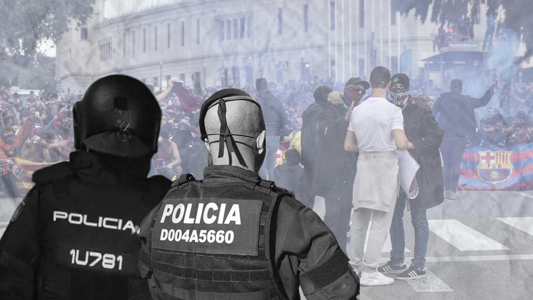 Fotomontaje de agentes policiales y grupos 'ultras' de fondo