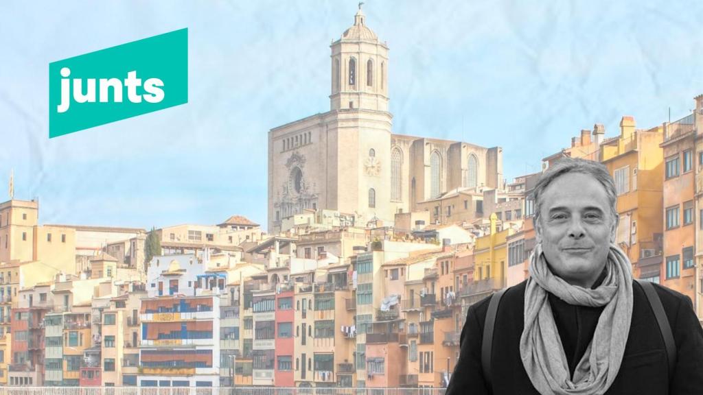 Fotomontaje de Carles Ribas junto al logo de Junts y una postal de Girona