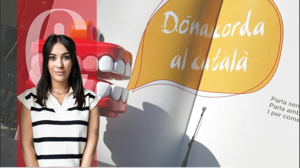 Imagen de la subdirectora de Crónica Global, Míriam de Saint-Germain, con una imagen de publicidad que promocionaba la lengua catalana