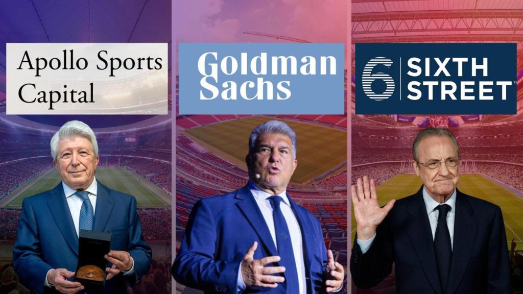 Enrique Cerezo, Joan Laporta y Florentino Pérez, en un montaje con los logotipos de Apollo Sports Capital, Goldman Sachs y Sixth Street
