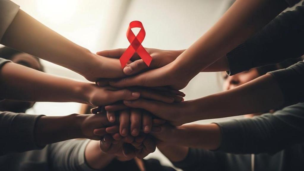 Lazo rojo sobre unas manos