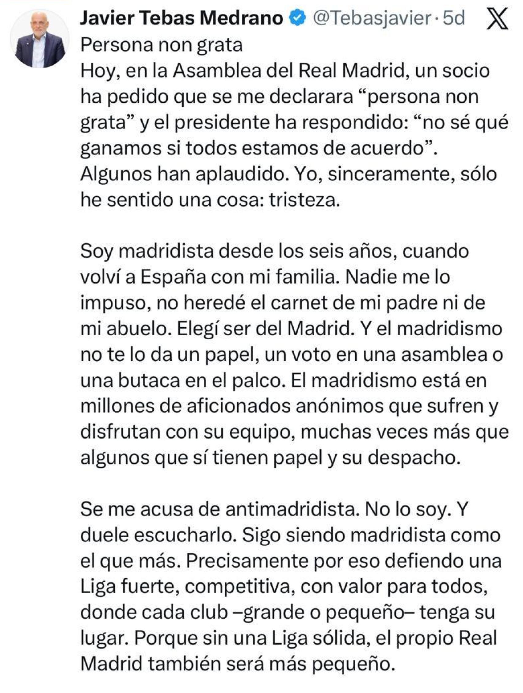 El discurso de Javier Tebas sobre su condición de persona 'non grata' en el Bernabéu