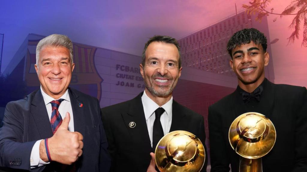 Joan Laporta, Lamine Yamal y Jorge Mendes, en un fotomontaje con la Ciutat Esportiva Joan Gamper de fondo