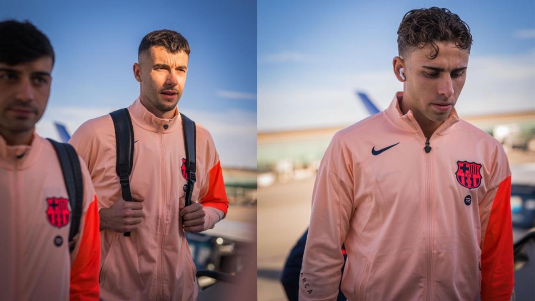 Pedri, Joan García y Fermín López, en el desplazamiento del Barça para el partido contra el Betis