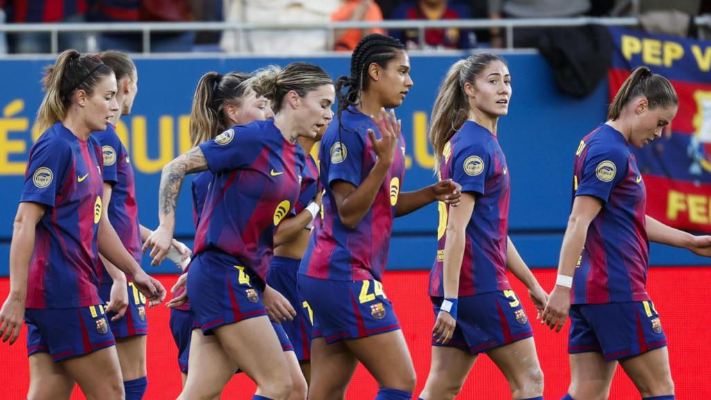 Las jugadoras del Barça Femenino celebran un gol ante el Tenerife