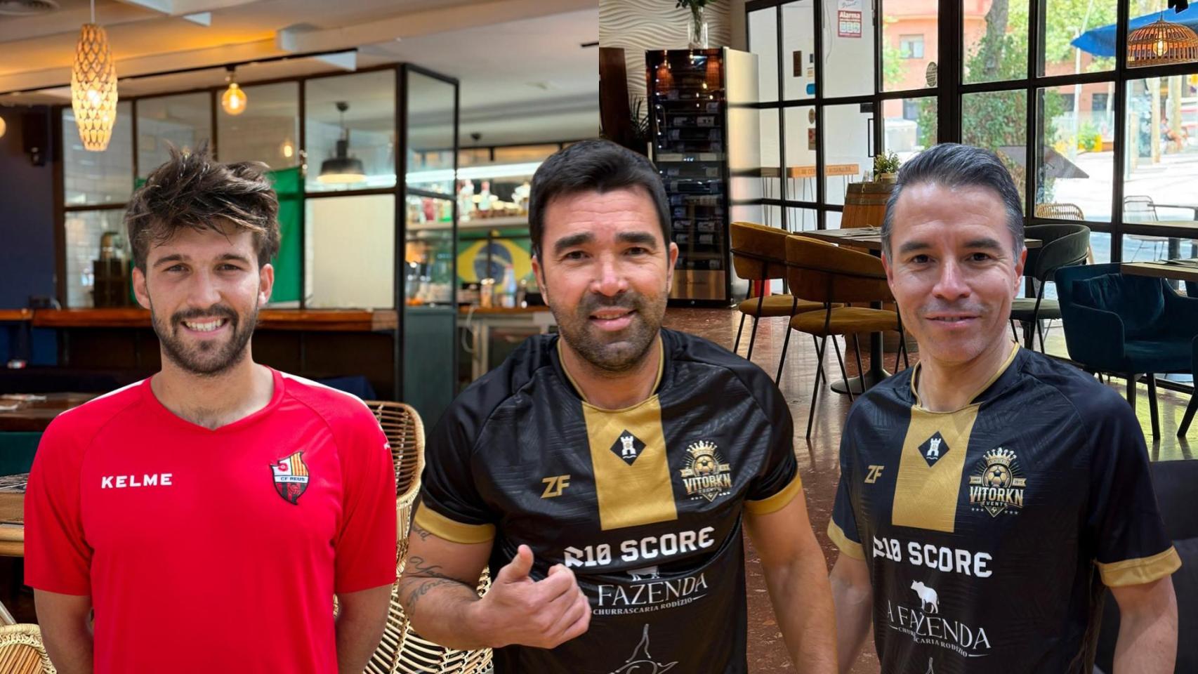 Pol Laporta, Deco y Saviola, en un montaje con el restaurante La Rica de fondo