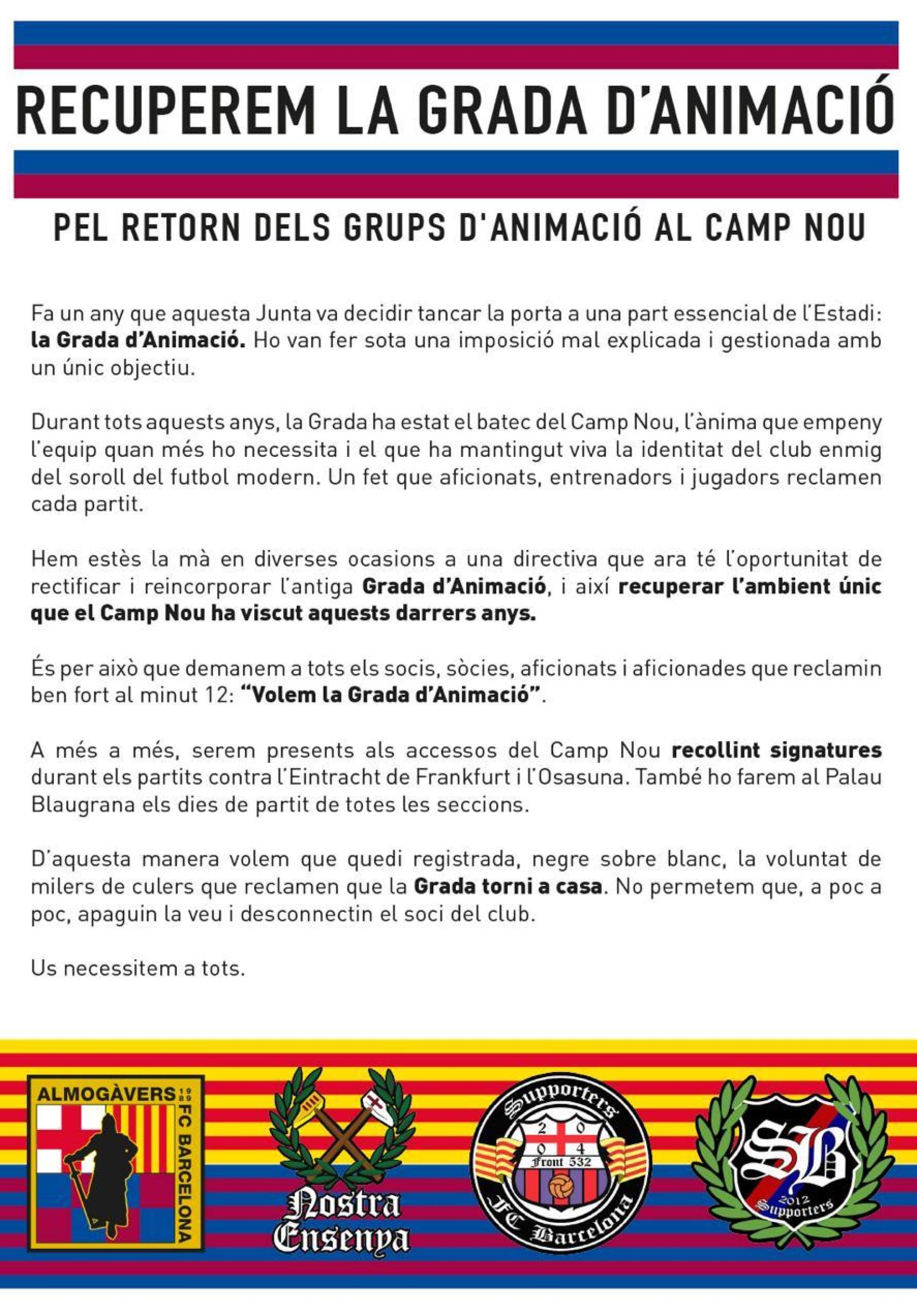 Comunicat de la Grada d'Animació en què s'explica que recolliran signatures per intentar tornar al Camp Nou