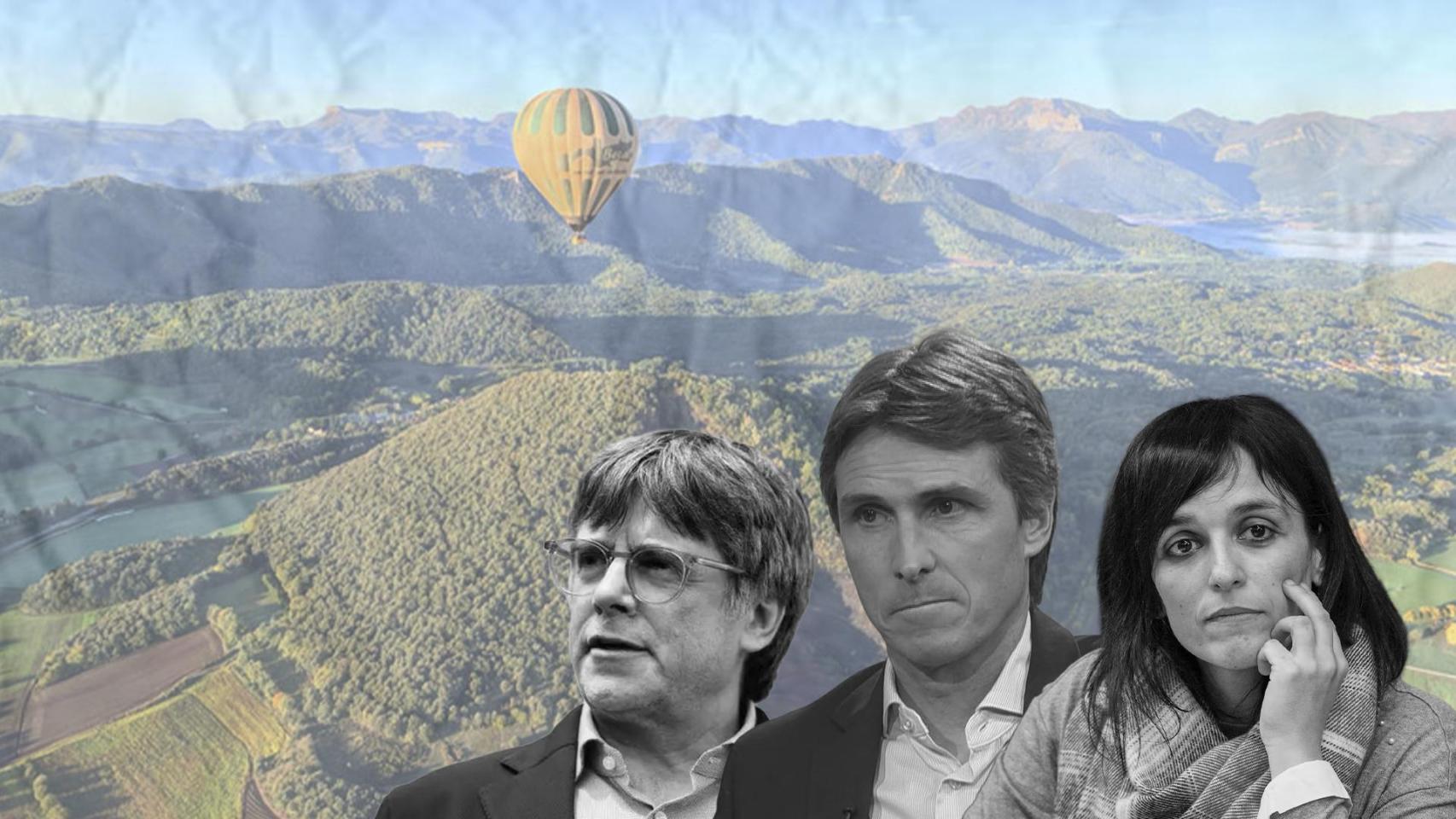 Fotomontaje de Carles Puigdemont, Sílvia Orriols y Salvador Vergés, con un paisaje de La Garrotxa de fondo