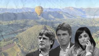Fotomontaje de Carles Puigdemont, Sílvia Orriols y Salvador Vergés, con un paisaje de La Garrotxa de fondo
