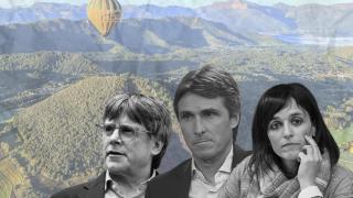 Fotomontaje de Carles Puigdemont, Sílvia Orriols y Salvador Vergés, con un paisaje de La Garrotxa de fondo