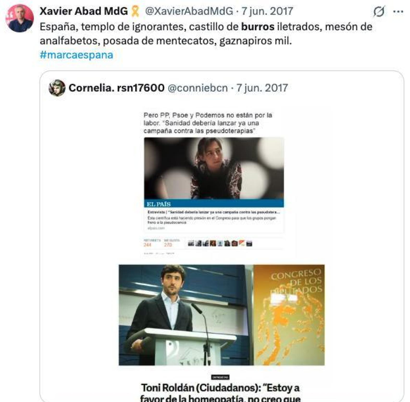 Tuit hispanófobo de Xavier Abad de junio de 2017