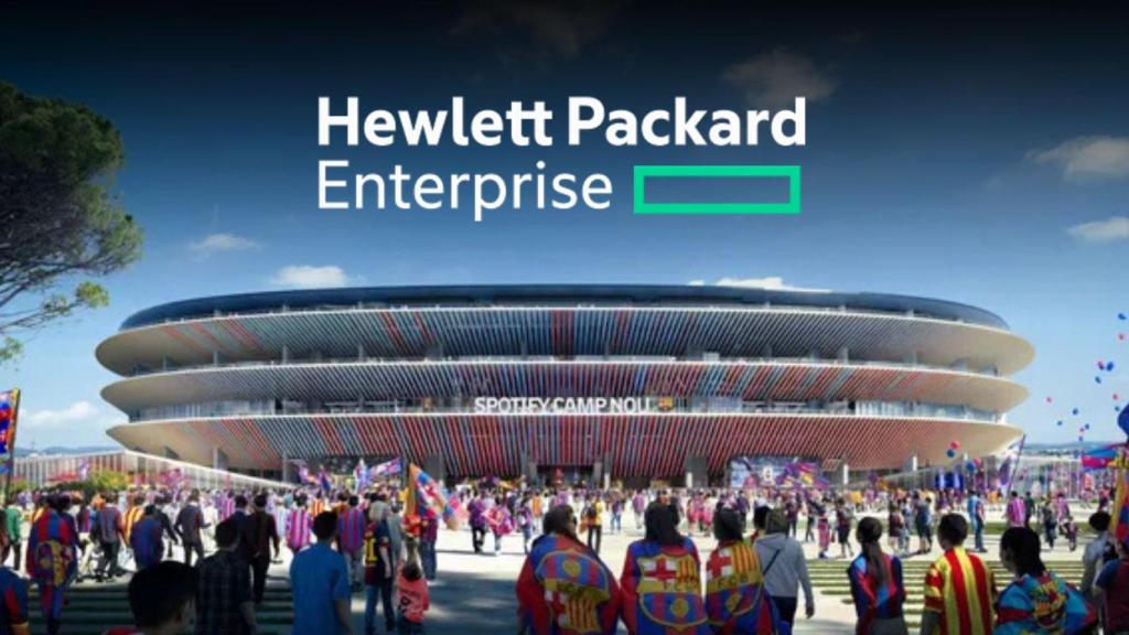 Un render del Spotify Camp Nou con el logotipo de HPE encima, en un montaje