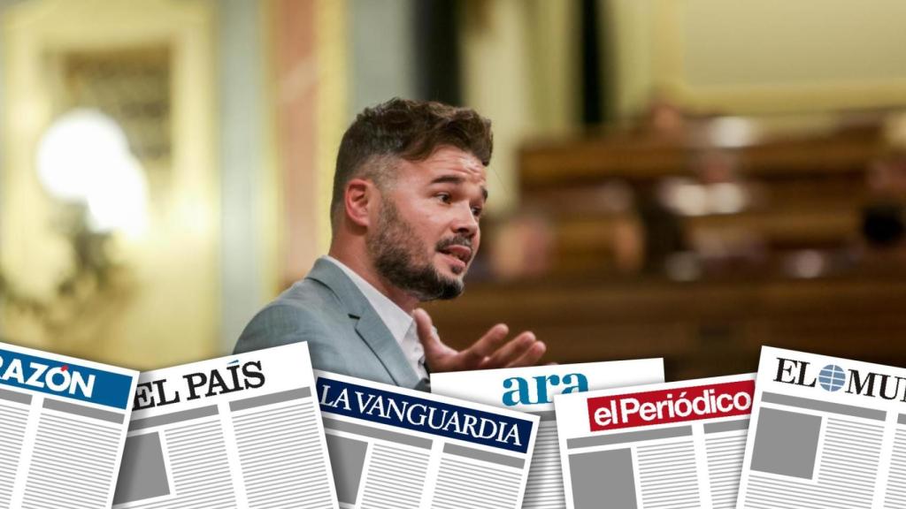 Un montaje de Rufián y las cabeceras de varios periódicos