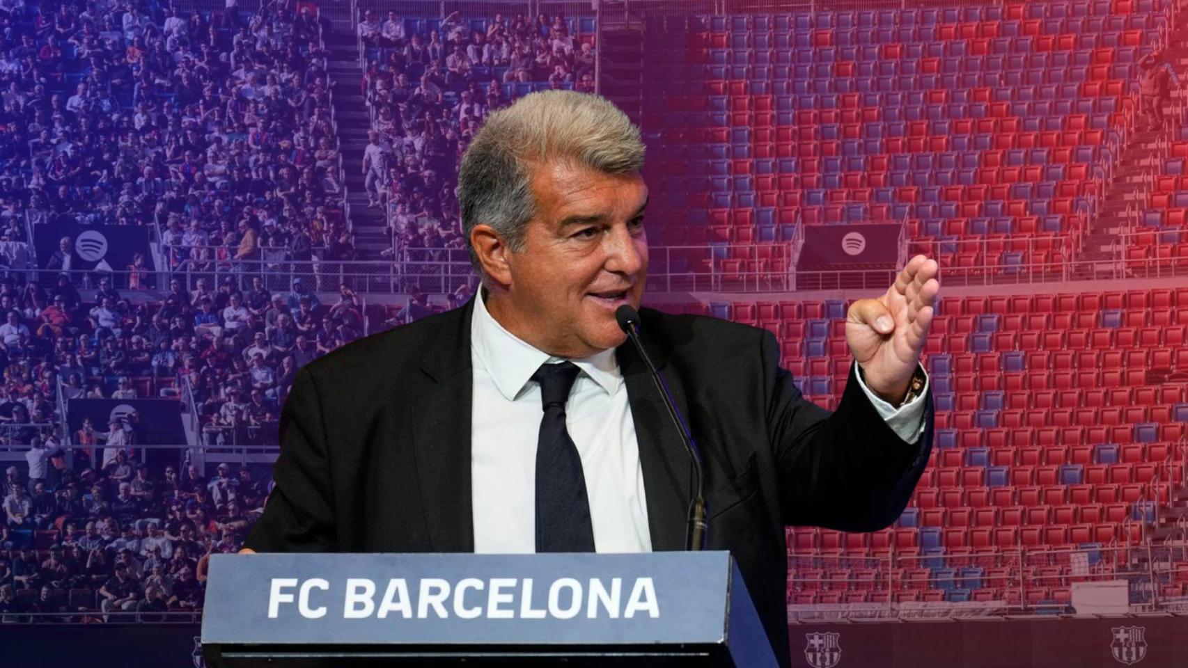 Joan Laporta, en un fotomontaje, con la grada del nuevo Camp Nou de fondo