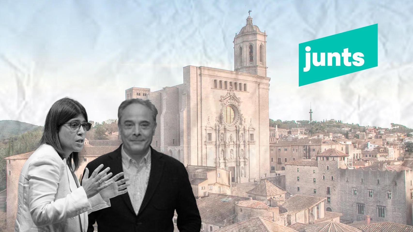 Fotomontaje de Gemma Geis y Carles Ribas junto al logo de Junts y la catedral de Girona de fondo