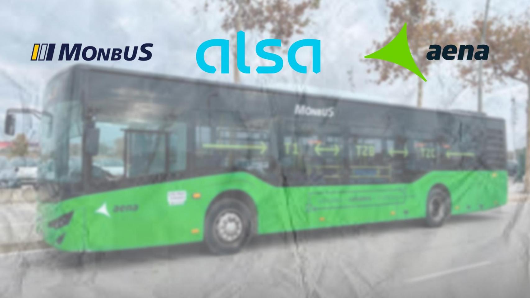 Un bus lanzadera del aeropuerto de El Prat con los logos de Monbus, Alsa y Aena