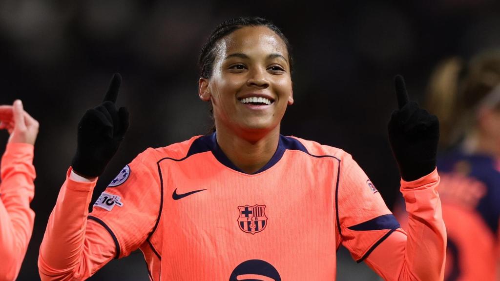 Vicky López celebra su gol en el Paris FC-Barça Femenino de la Champions League