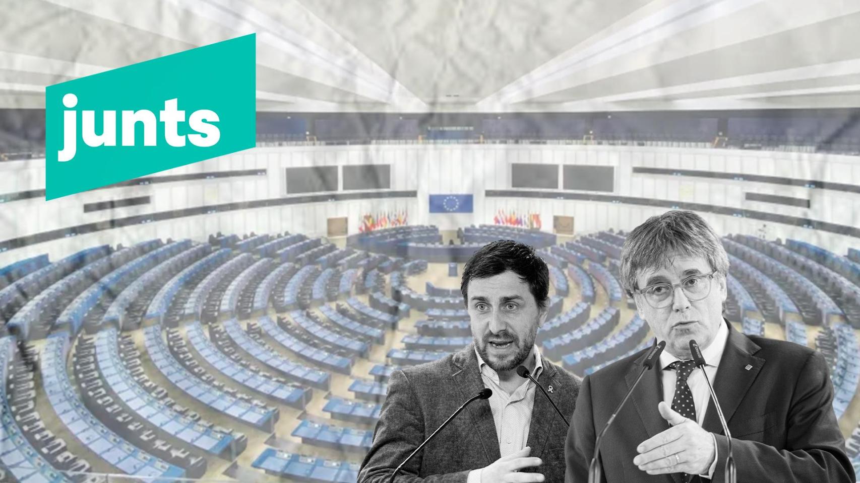 Fotomontaje de Carles Puigdemont y Toni Comín, con el hemiciclo del Parlamento Europeo de fondo