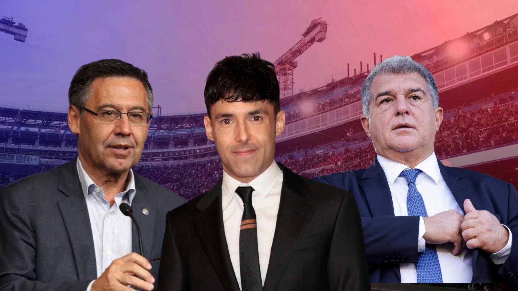 Josep Maria Bartomeu, el Mago Pop y Joan Laporta, en un fotomontaje con el nuevo Camp Nou de fondo