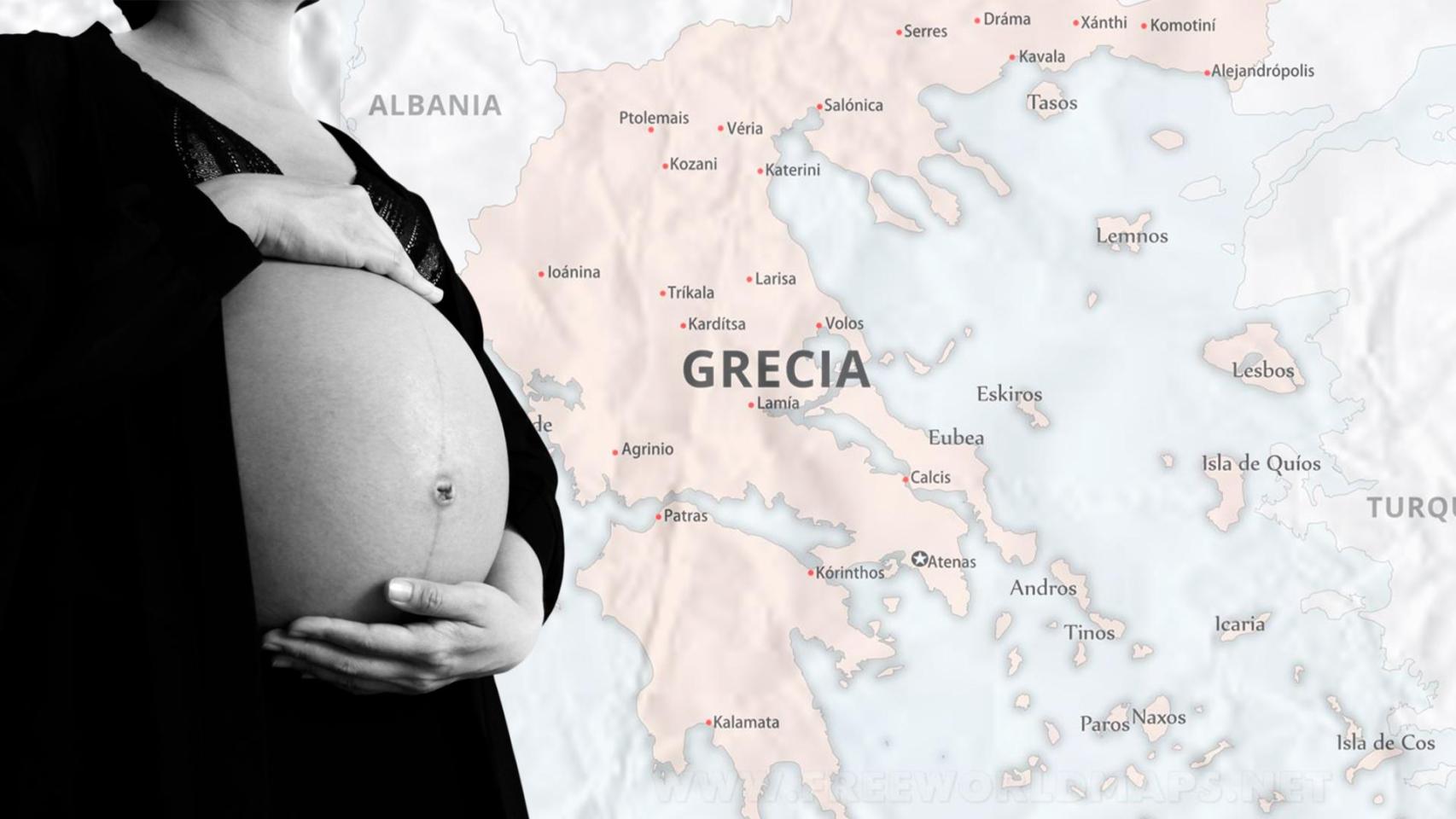 Un montaje de una mujer embarazada con un mapa de Grecia, uno de los destinos donde se lleva a cabo parte del proceso de gestación subrogada