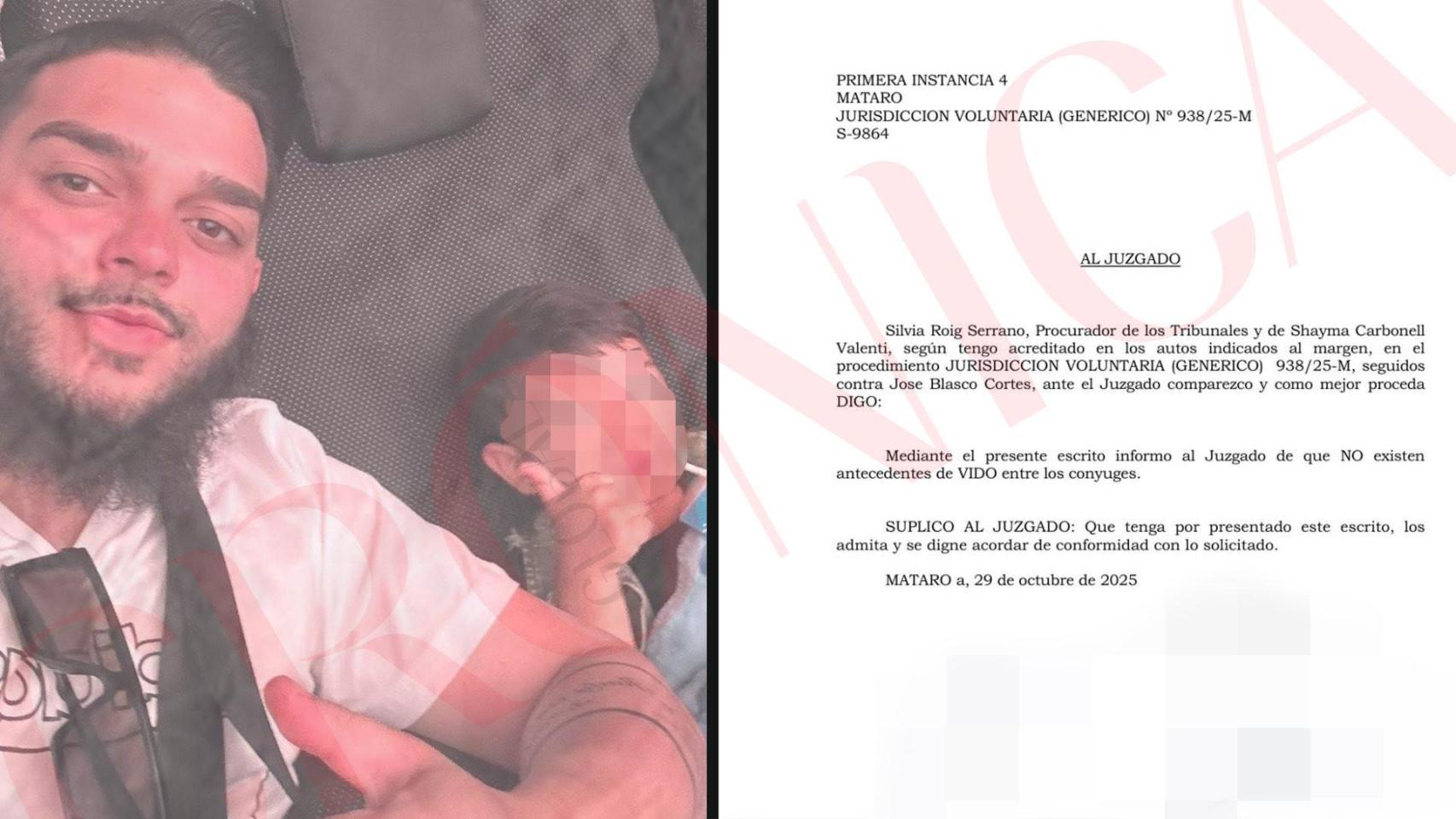 Jose, acusado de sustracción de menores, y su hijo junto con la resolución del juzgado donde se niega la existencia de antecedentes violentos en la pareja