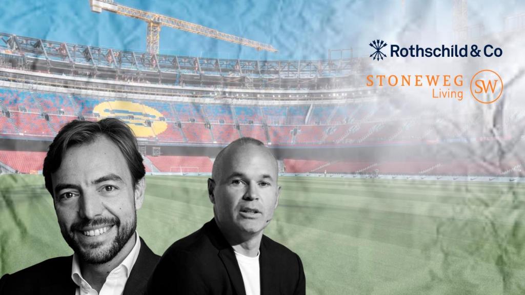 Jaume Sabater, Andrés Iniesta, el Camp Nou y los logos de Stoneweg y la banca Rothschild