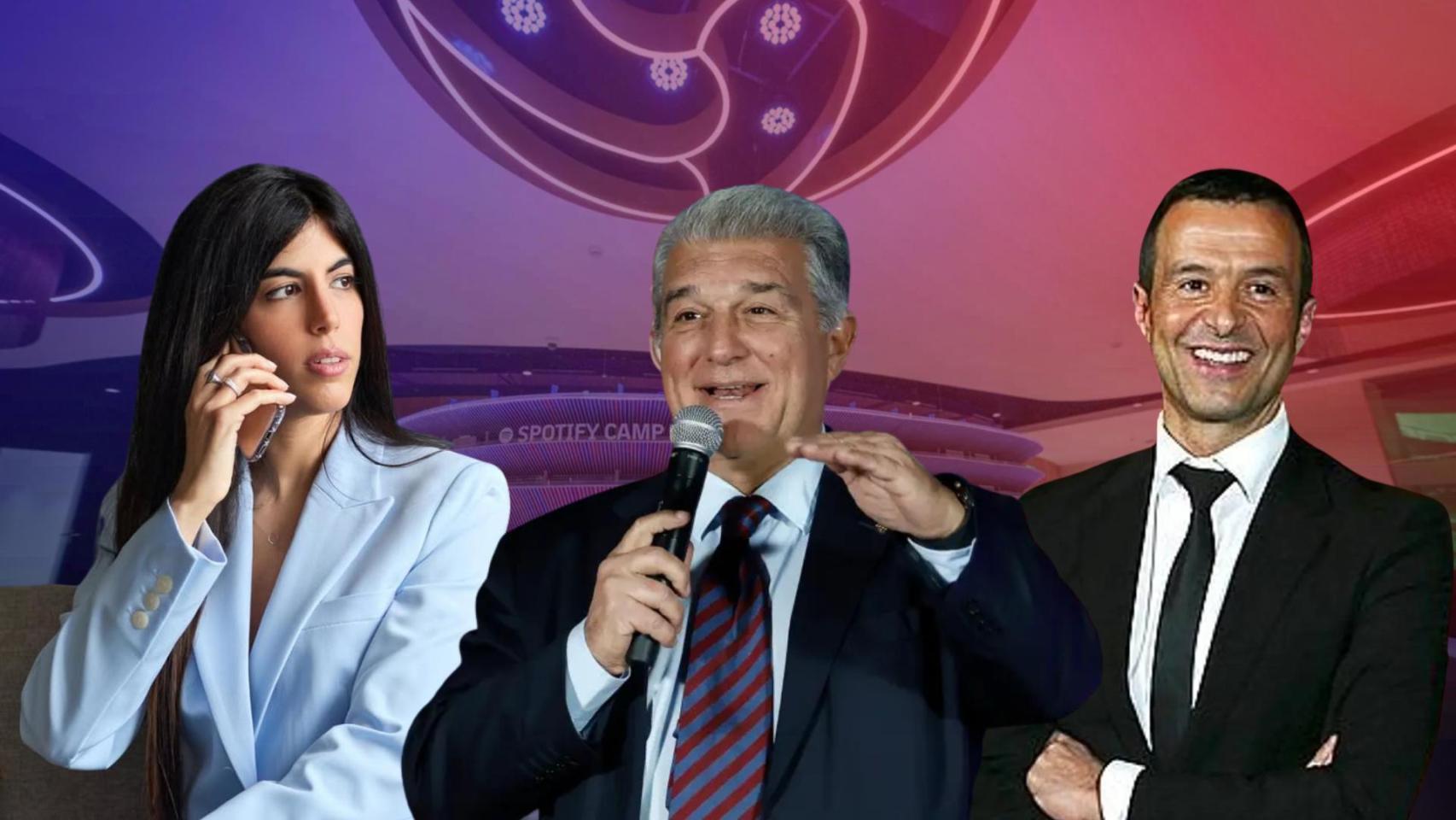 Carlota Planas, Joan Laporta y Jorge Mendes, en un fotomontaje