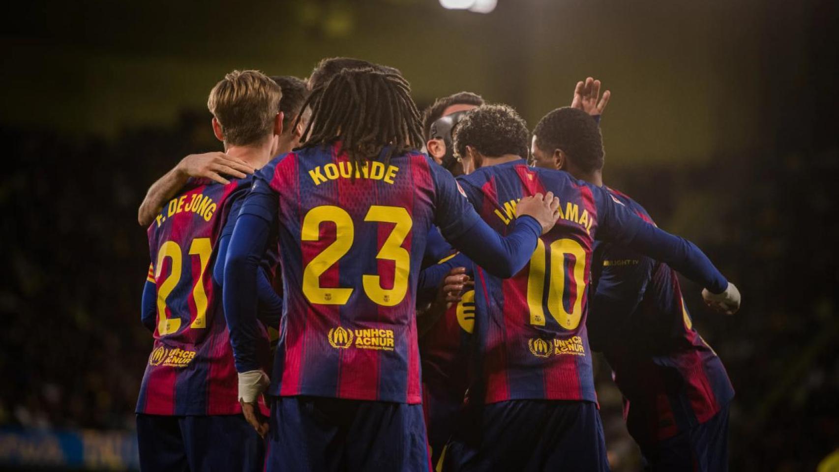 Los jugadores del Barça celebran un gol en la victoria de Liga contra el Villarreal