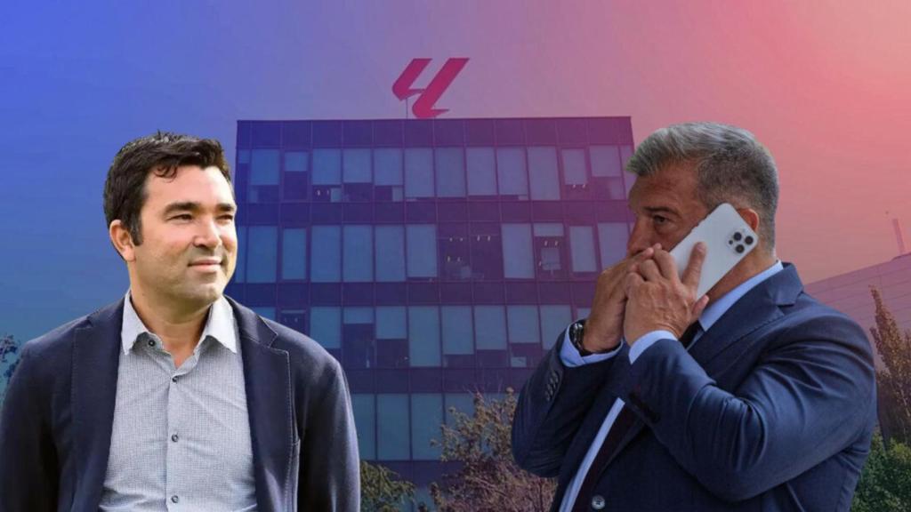 Deco y Joan Laporta, en un montaje con la sede de la Liga de fondo