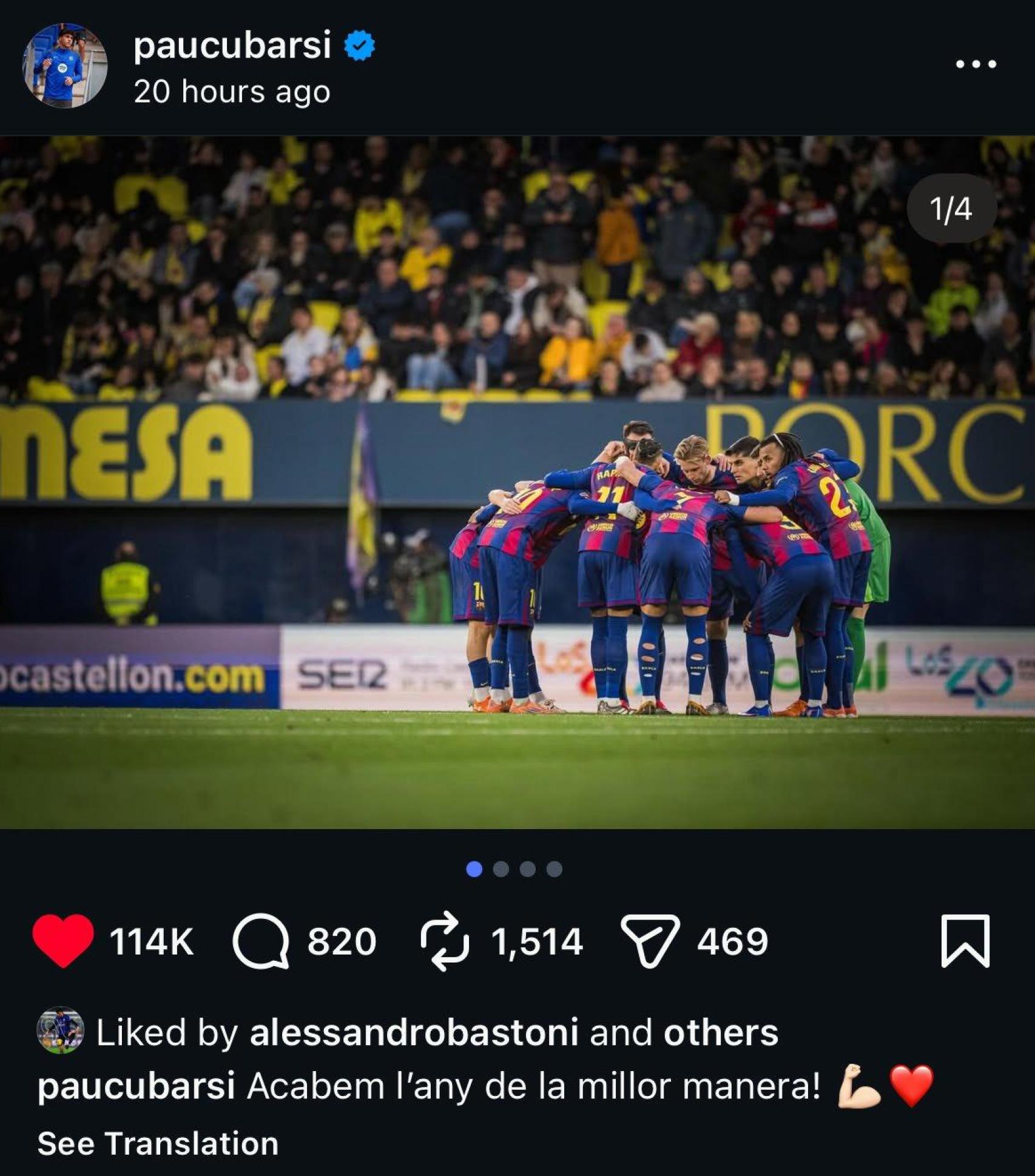 El 'like' d'Alessandro Bastoni a Pau Cubarsí a Instagram