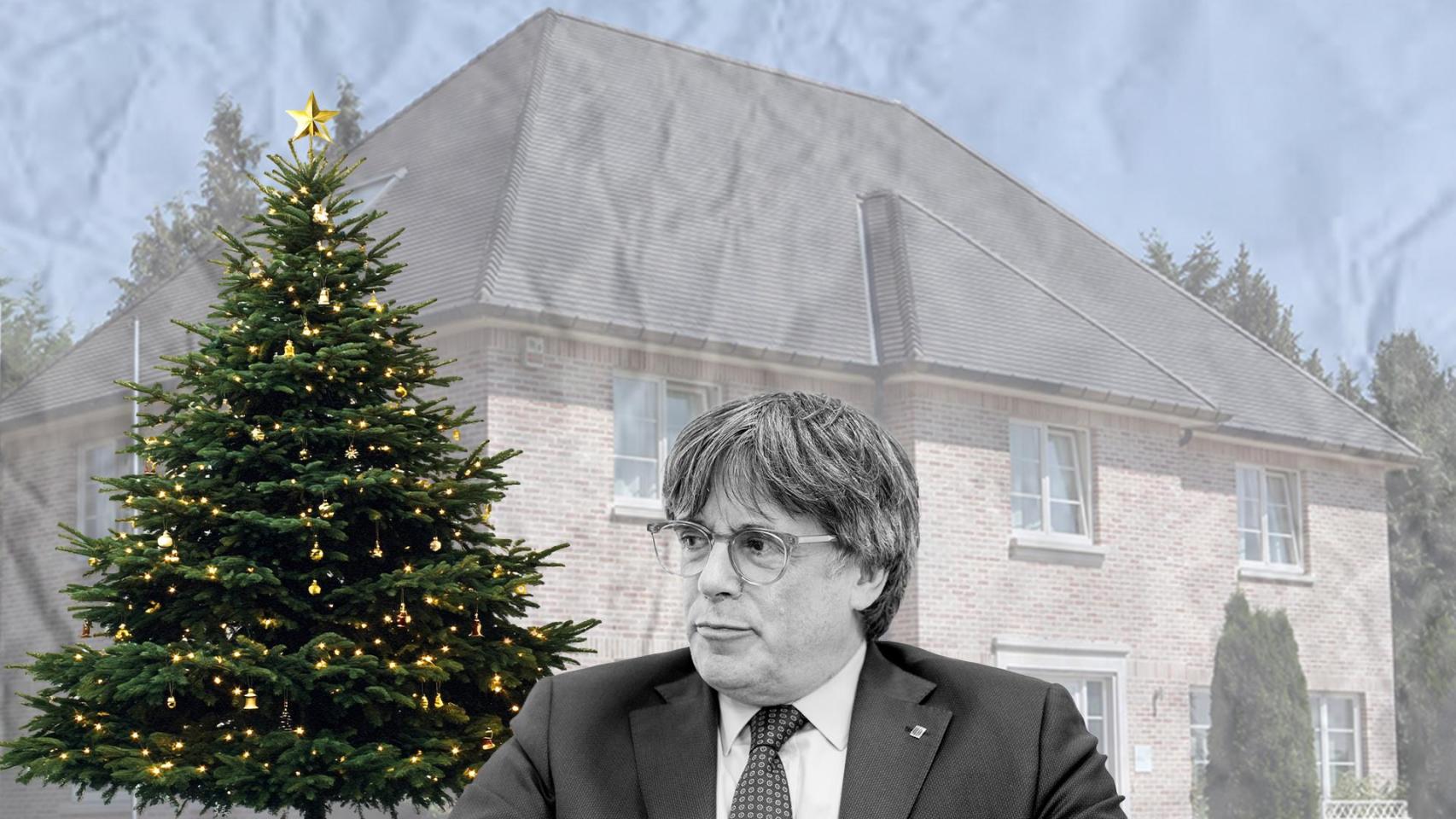 Fotomontaje de Carles Puigdemont, junto a un árbol de Navidad, en Waterloo
