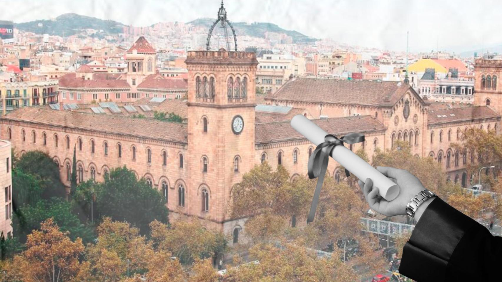 Un montaje de un título universitario con la Universidad de Barcelona de fondo (UB)