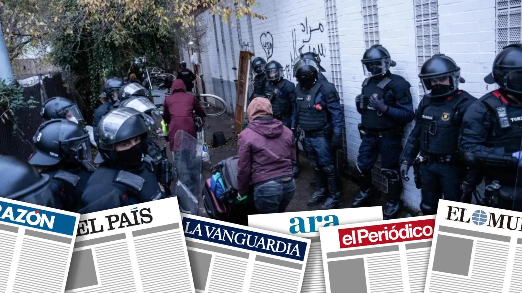 Montaje con una foto de un ocupante del antiguo instituto B9 que abandona las instalaciones durante el desalojo