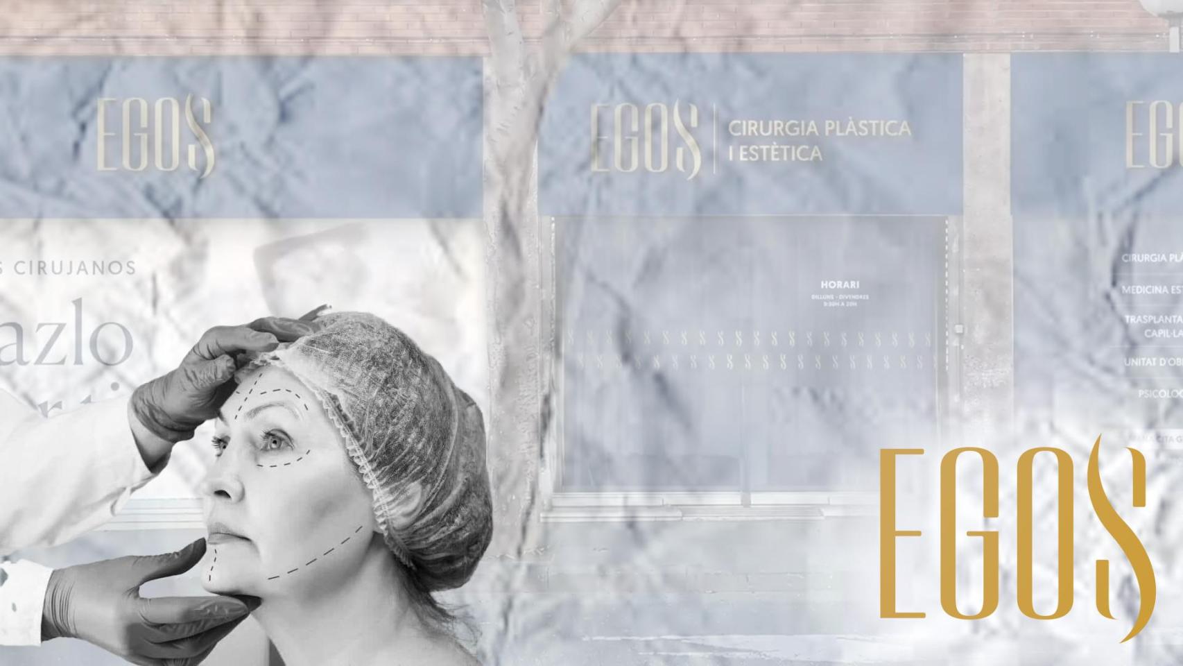 Fotomontaje con una mujer realizándose una operación estética y el logo de Clínicas Egos