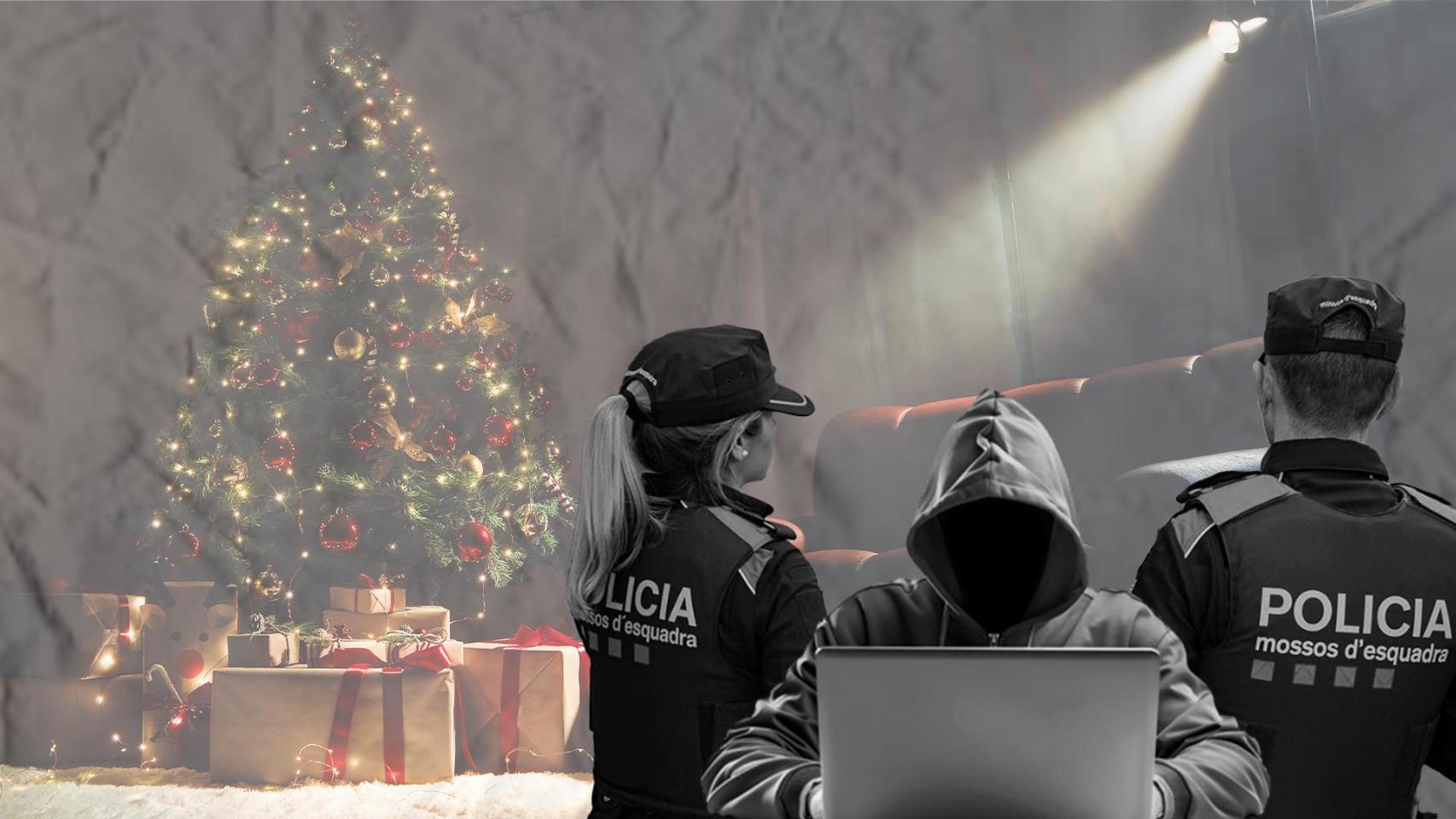 Montaje de un ciberdelincuente con dos agentes de los Mossos d'Esquadra