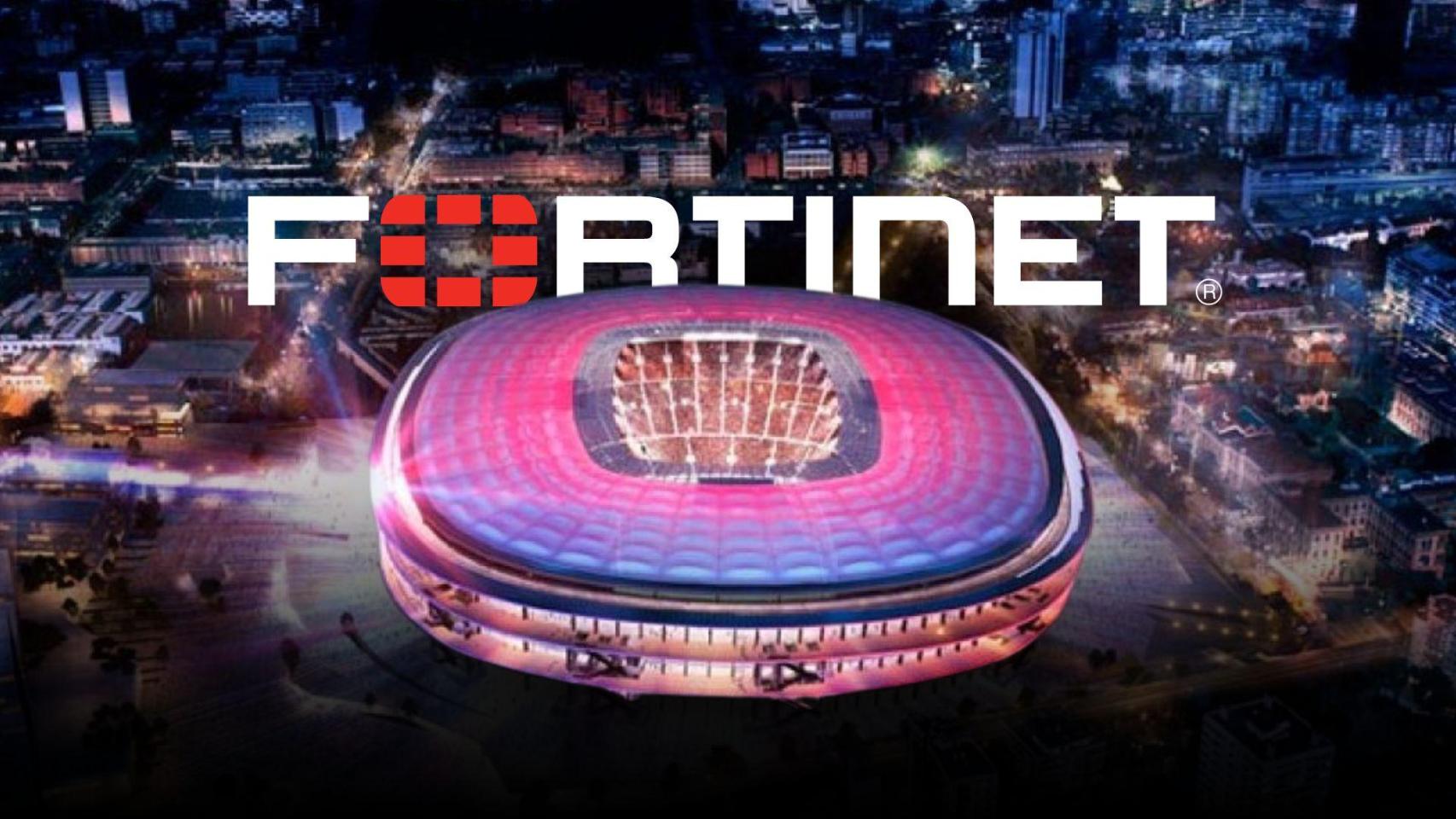 El logotipo de Fortinet en un montaje sobre un render del Spotify Camp Nou acabado
