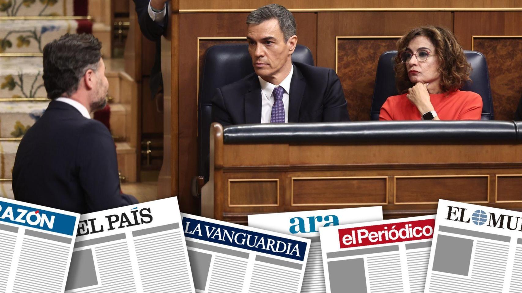 El presidente del Gobierno, Pedro Sánchez, y la vicepresidenta primera y ministra de Hacienda, María Jesús Montero, frente al portavoz de ERC en el Congreso, Gabriel Rufián / EP
