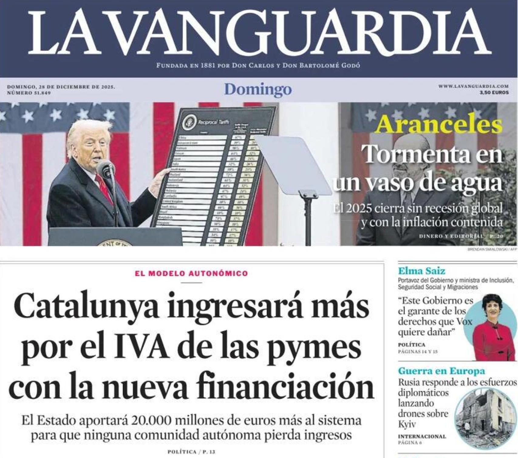 Portada de La Vanguardia, 28 de desembre de 2025