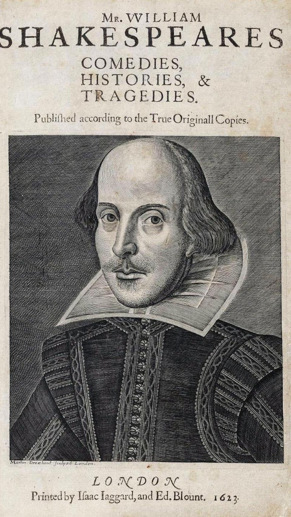 Portada del 'First Folio' con el retrato de William Shakespeare grabado por Martin Droeshout.