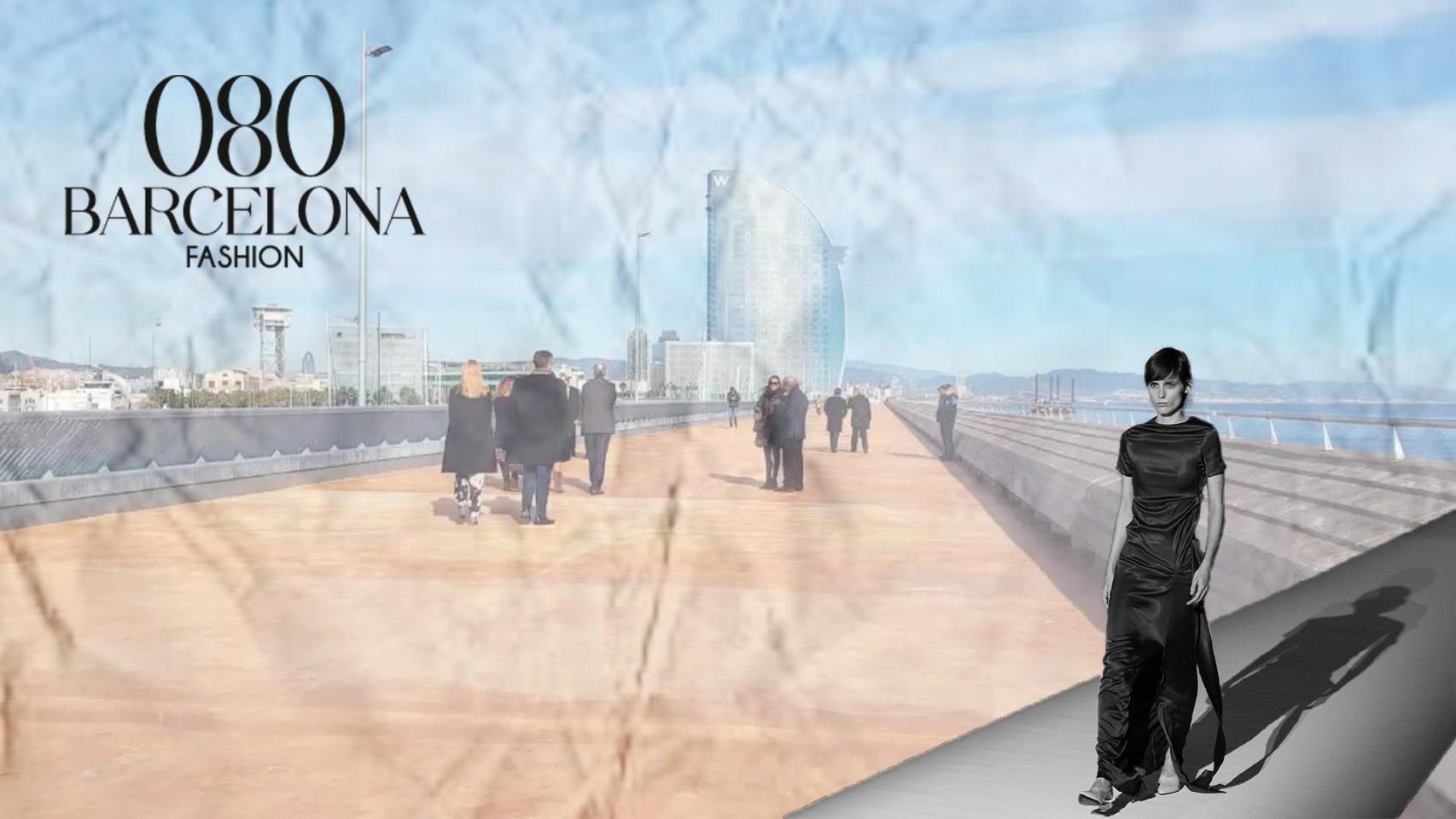 Fotomontaje del Port de Barcelona, el logo de la 080 y modelos desfilando