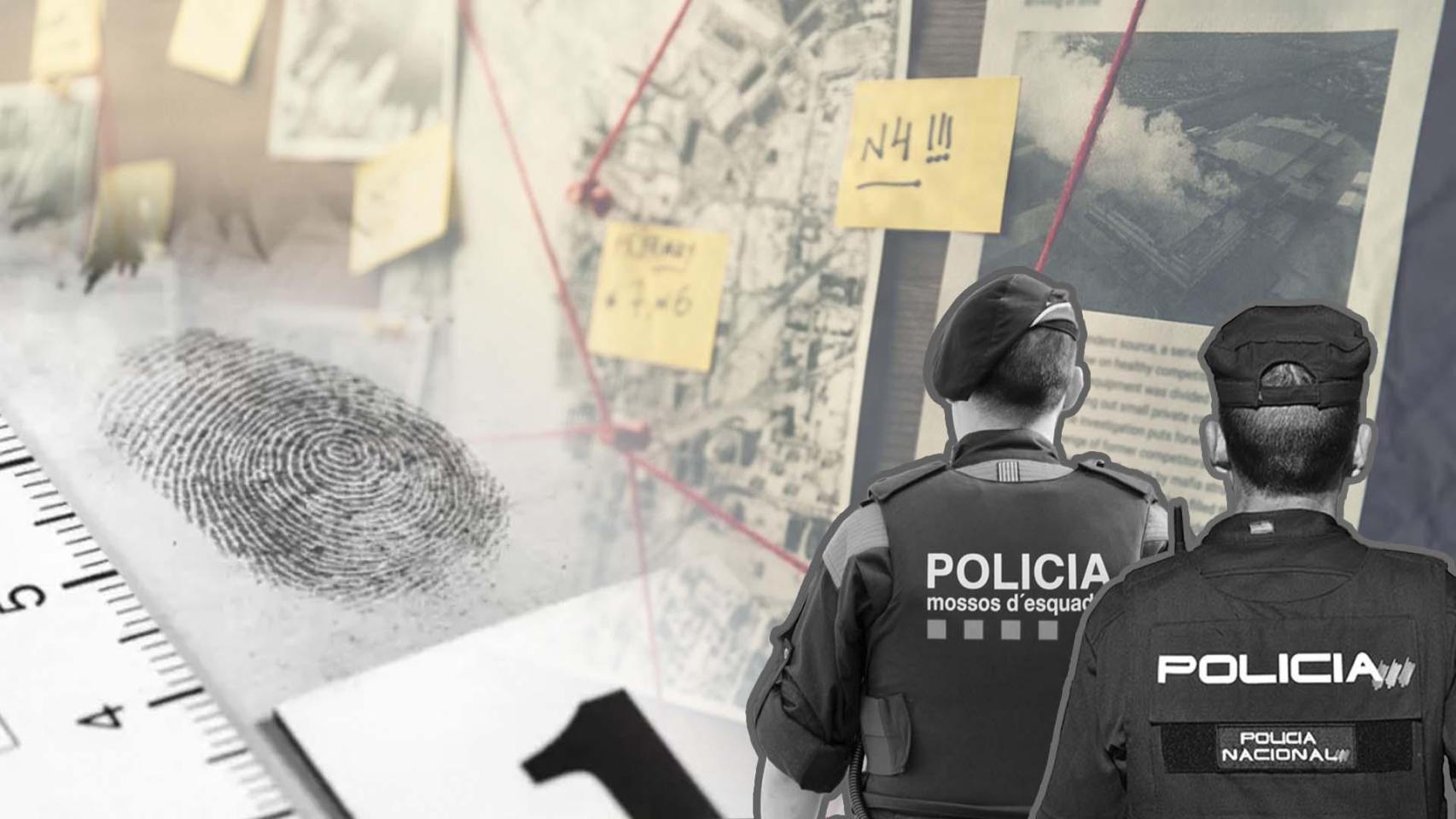 Montaje con dos agentes policiales y un decorado de investigación policial